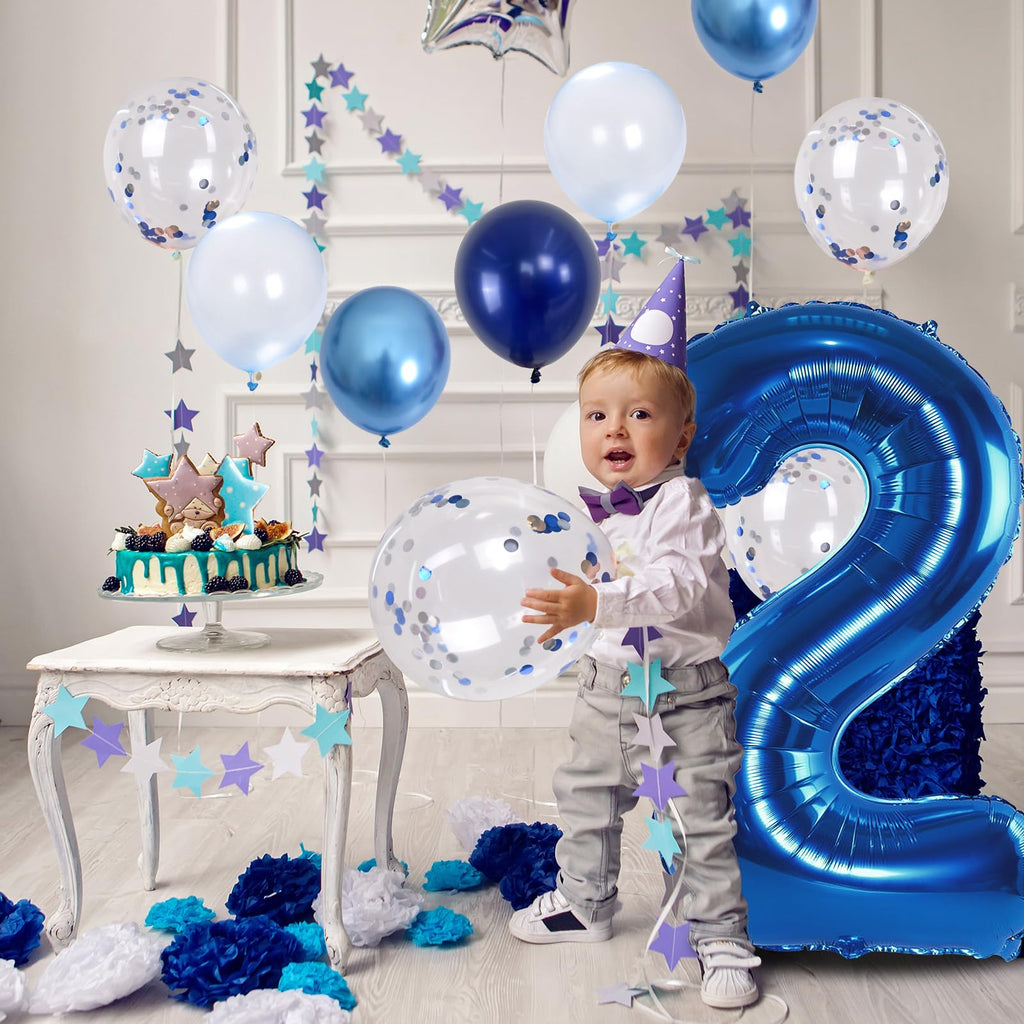 Lingqiang Foil Number Balloons - 2nd Birthday Navy & Silver Confetti, 40in