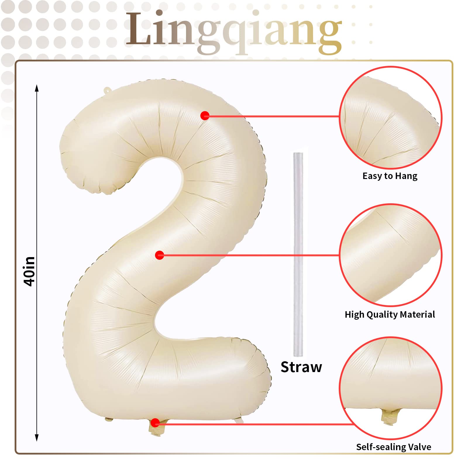 Lingqiang Cream 40-Inch 21st Birthday Balloons – Ivory Foil Number 2 & 1 for Men and Women