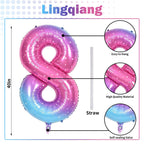 Lingqiang 40-Inch Rainbow Foil Balloon Number 8 – Giant Gradient Blue Pink Balloons