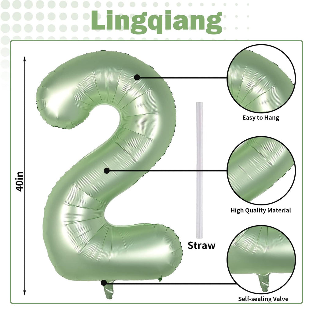 Lingqiang 40-inch Sage Green Number 2 Foil Balloon Set – Large 0-9 Balloons for Parties