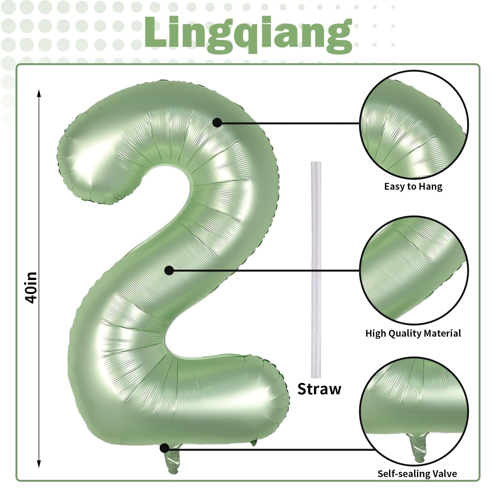 Lingqiang 40-inch Sage Green Number 2 Foil Balloon Set – Large 0-9 Balloons for Parties