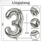 Lingqiang Silver 40-Inch Giant Number 3 Balloons – Self-Inflating Foil Birthday & Celebration Decor