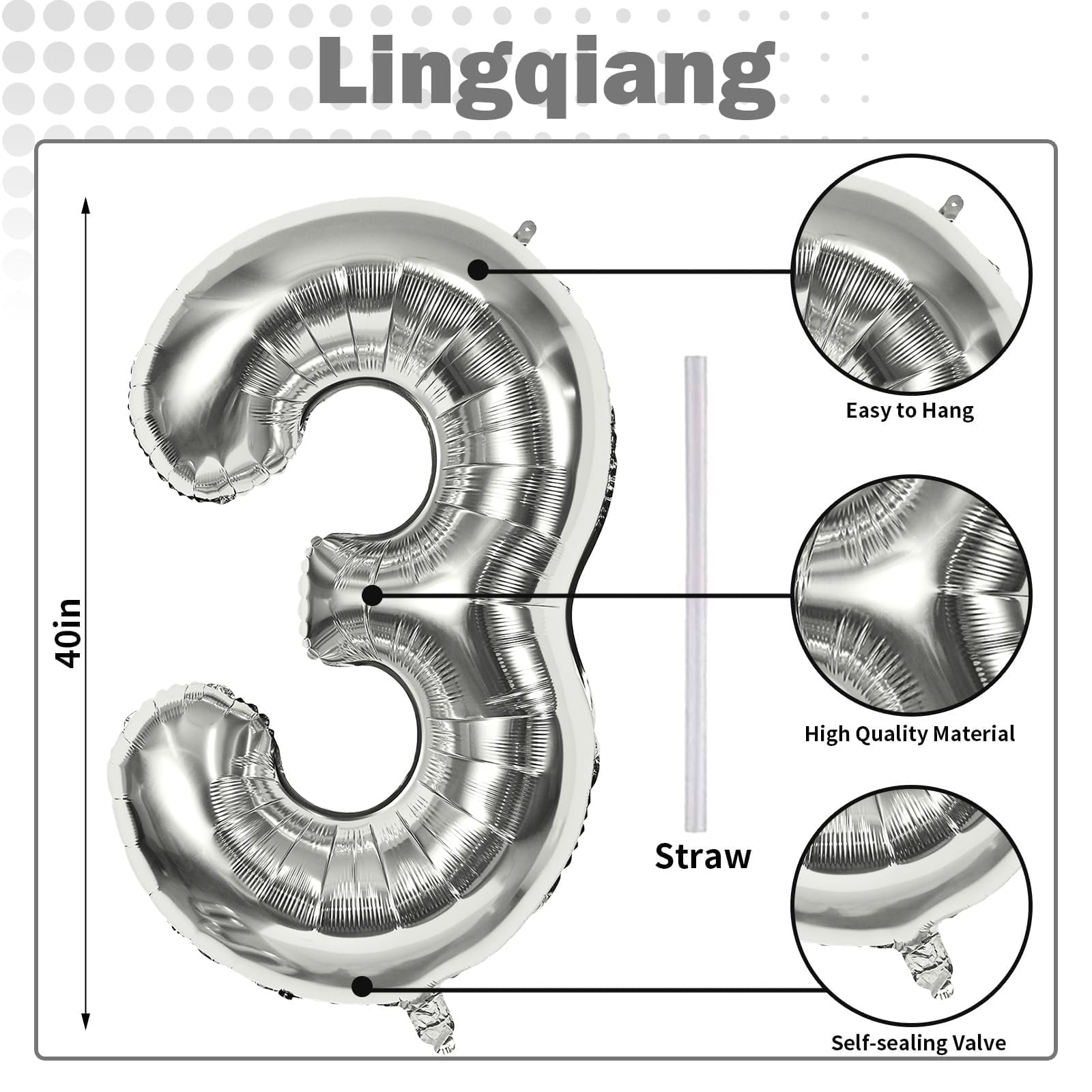 Lingqiang Silver 40-Inch Giant Number 3 Balloons – Self-Inflating Foil Birthday & Celebration Decor