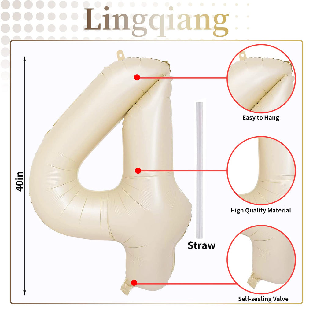 Lingqiang Cream 4-Number Balloon, 40-Inch Beige Foil Balloons for Birthdays & Anniversaries