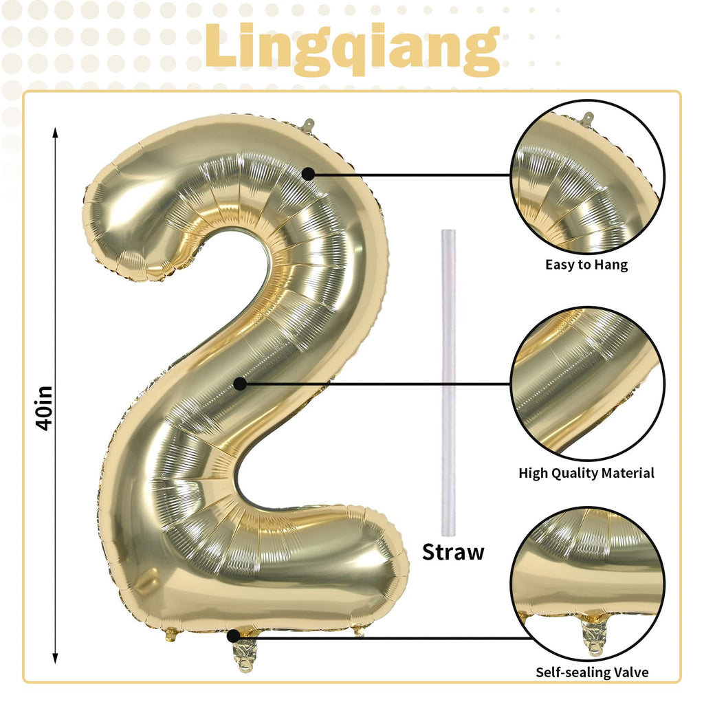 Lingqiang 40 Inch Champagne Gold Number 2 Balloon – Large Foil Party Balloons