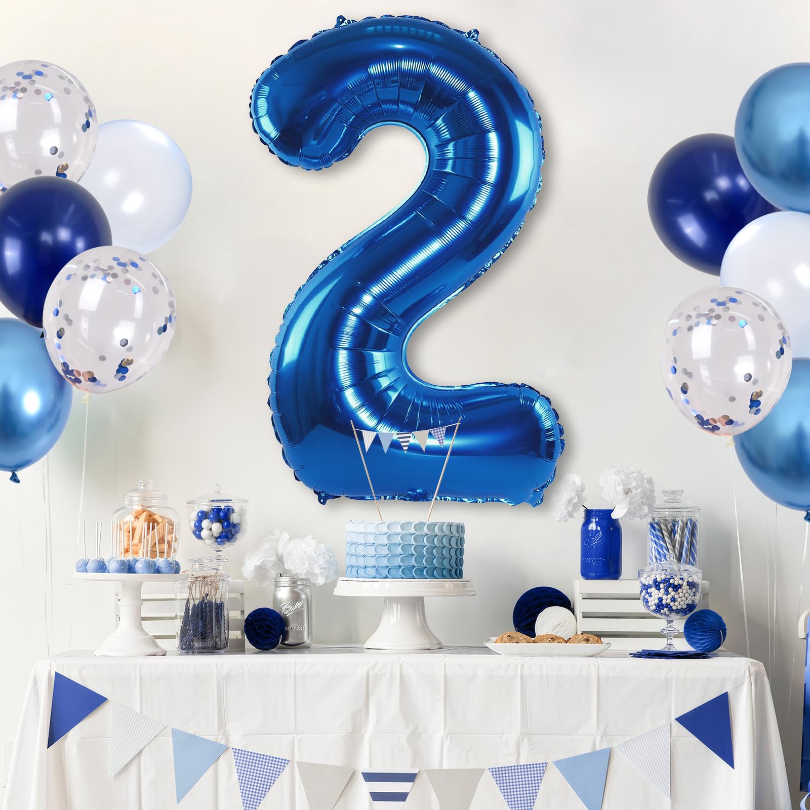 Lingqiang Foil Number Balloons - 2nd Birthday Navy & Silver Confetti, 40in
