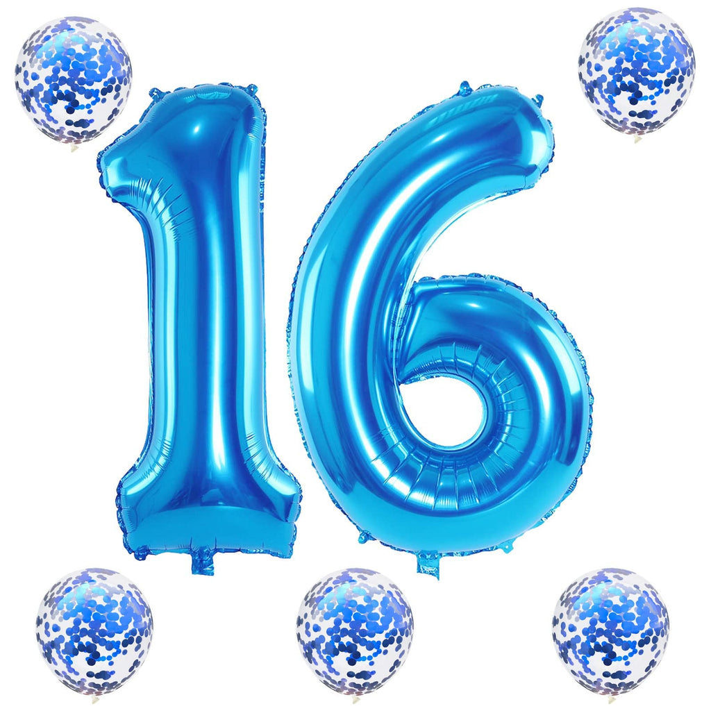 Lingqiang Blue 16 Birthday Balloons Kit - 40 Inch Foil Numbers 1 & 6 + Confetti Balloons