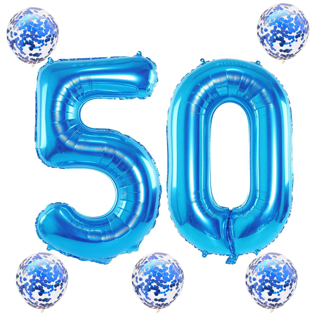 Lingqiang 40 Inch Blue Number 50 Foil Balloons Set with Confetti Balloons — Giant 5 & 0 for 50th Birthday and Anniversary Decor