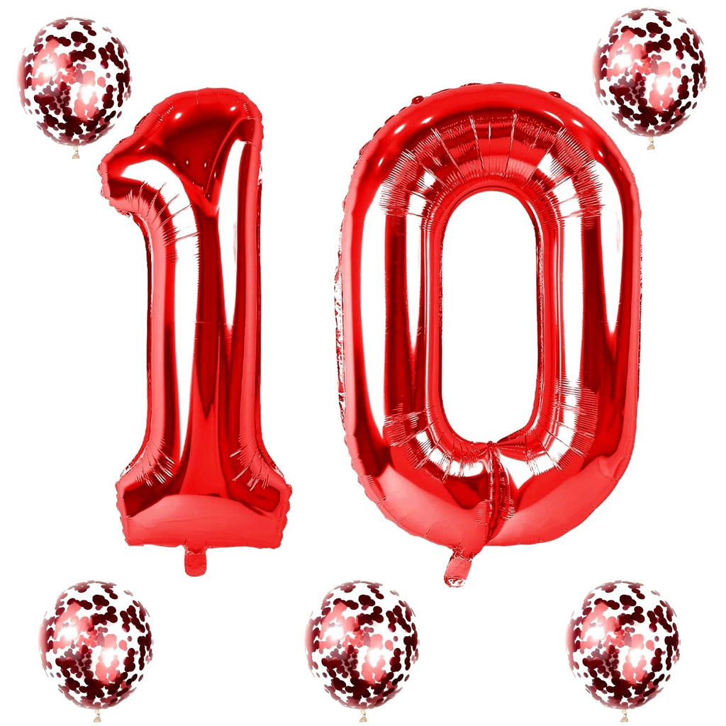 Lingqiang 40-inch Red Foil Number 10 Balloons Kit – Confetti Balloons for 10th Birthday & Anniversary Parties
