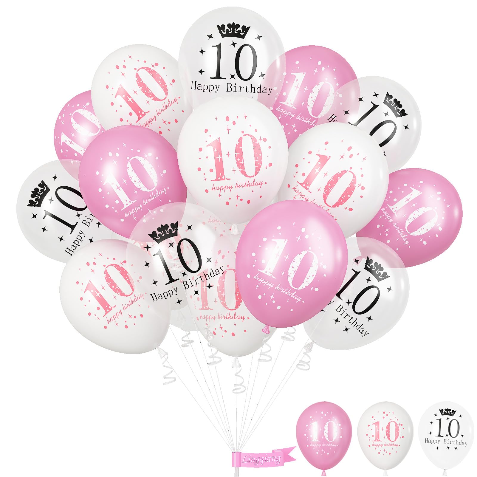Lingqiang Pink & White 10th Birthday Balloons – 15-Count Latex Set for Girls' Party