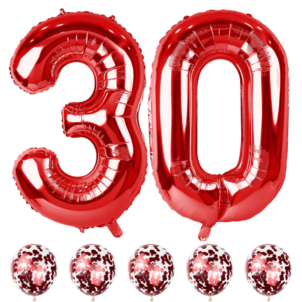 Lingqiang Red 30th Birthday Balloon Set – 40in Foil Number 3 & 0 with Confetti Latex Balloons