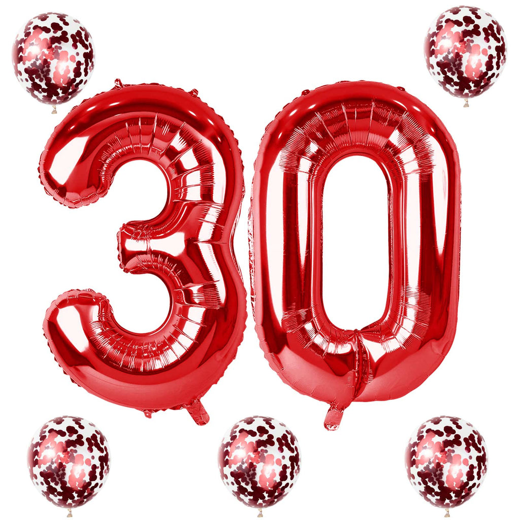 Lingqiang Red 30th Birthday Balloon Set – 40in Foil Number 3 & 0 with Confetti Latex Balloons