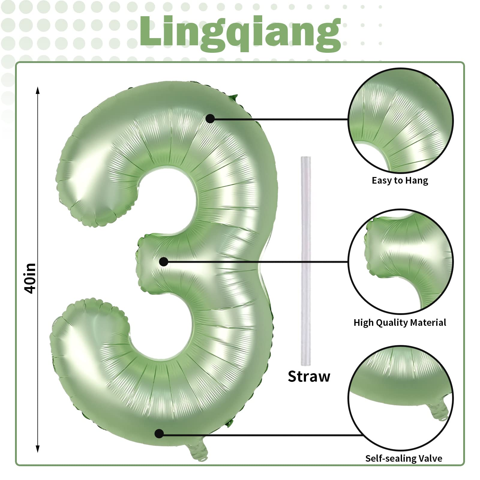 Lingqiang Sage Green 40in Number 3 Balloon – Large Foil Balloons for 3rd Birthday & Party Decor