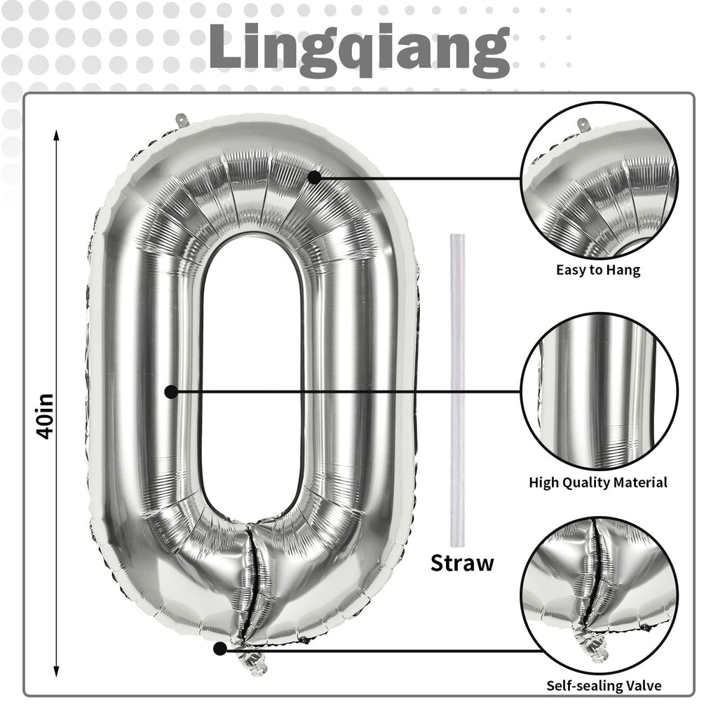 Lingqiang 40 Inch Silver Foil Balloon Number 0 | Giant Self-Inflating 0-9 Balloons for Parties