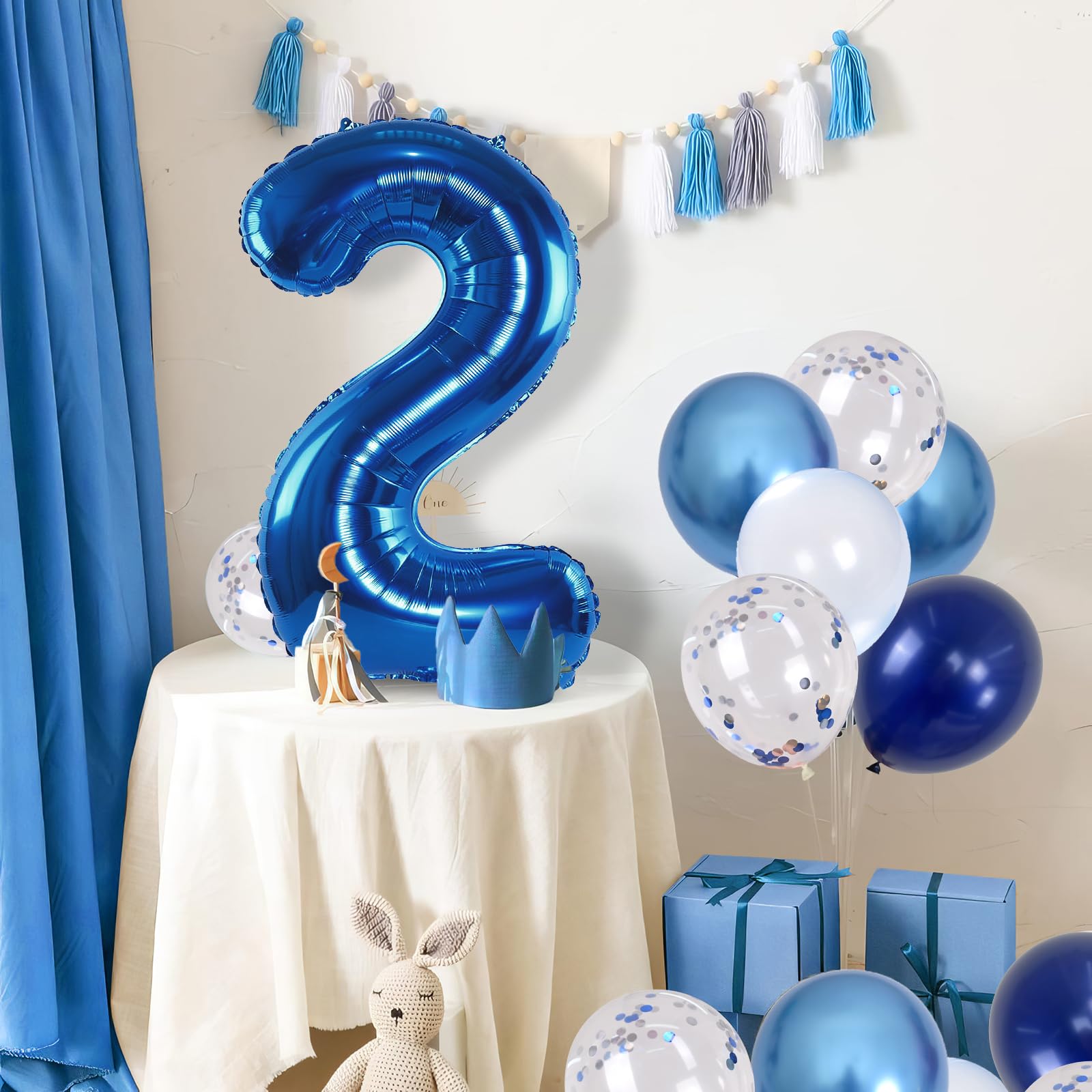 Lingqiang Foil Number Balloons - 2nd Birthday Navy & Silver Confetti, 40in