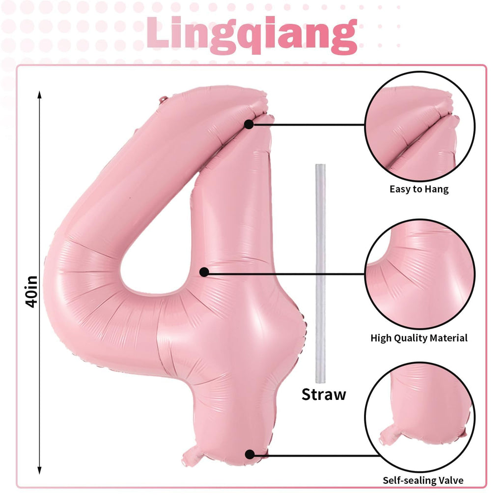 Lingqiang 40-Inch Pastel Pink Foil Number 4 Balloon – Large Self-Inflating Party Balloons