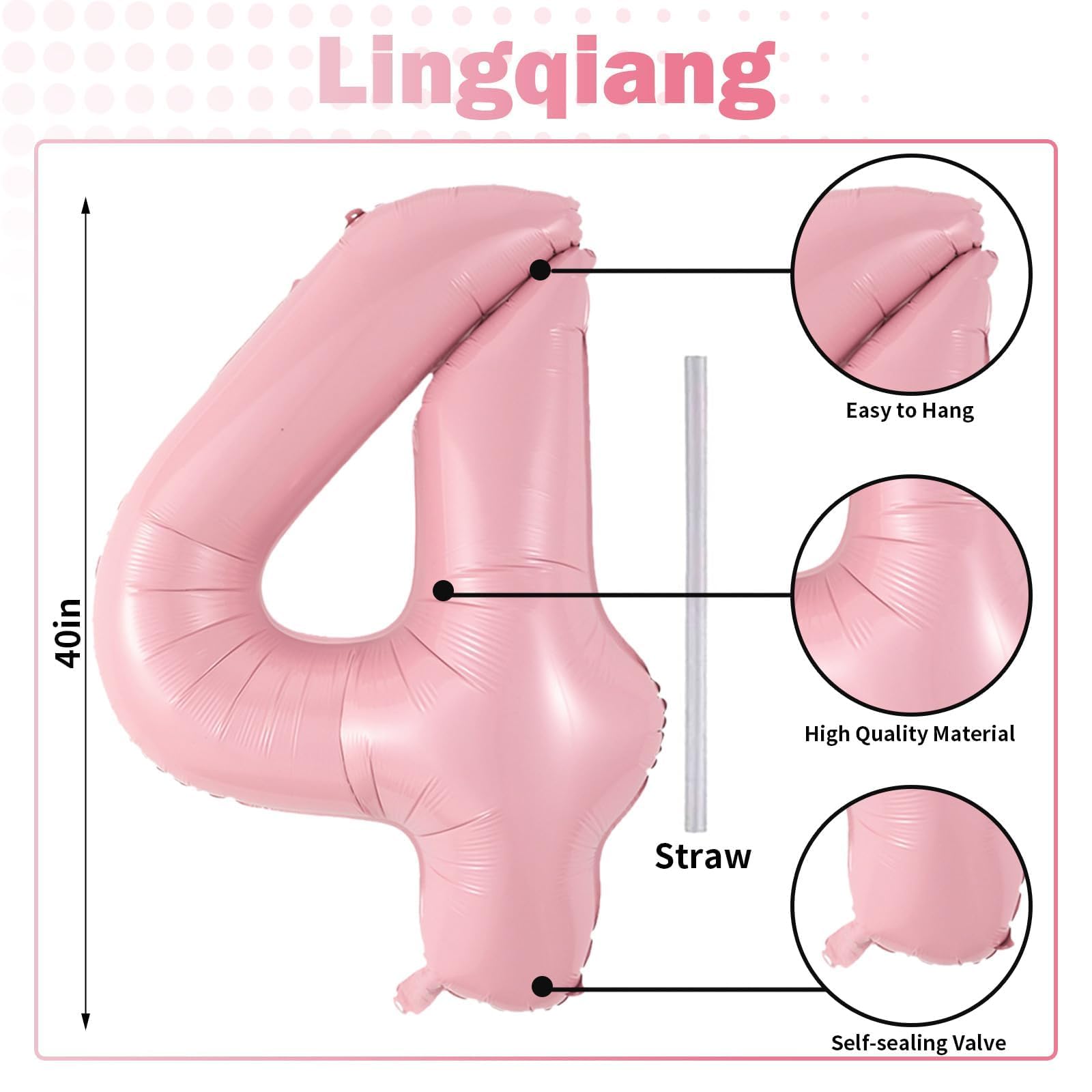Lingqiang 40-Inch Pastel Pink Foil Number 4 Balloon – Large Self-Inflating Party Balloons