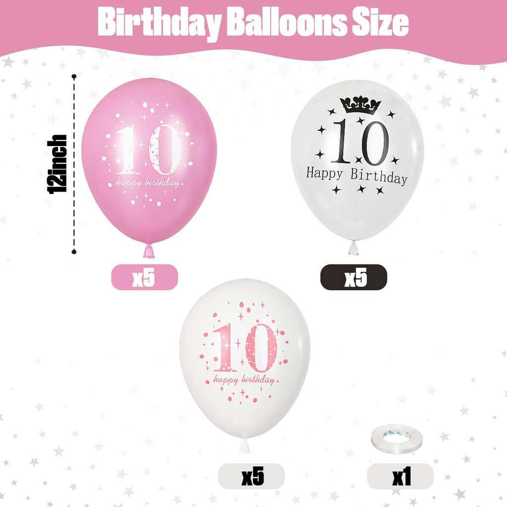 Lingqiang Pink & White 10th Birthday Balloons – 15-Count Latex Set for Girls' Party
