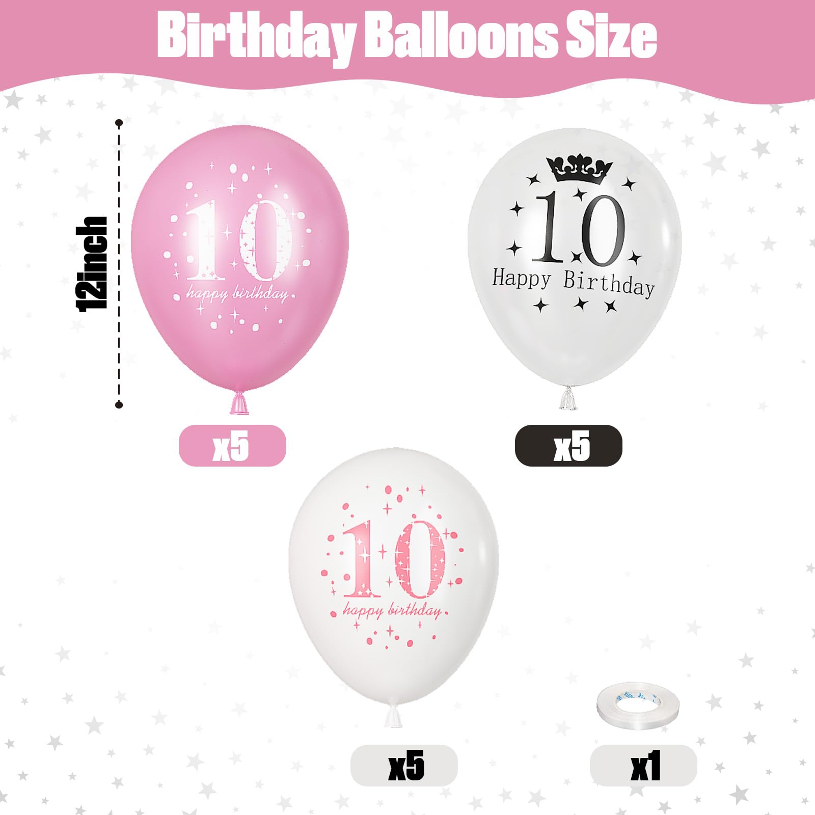 Lingqiang Pink & White 10th Birthday Balloons – 15-Count Latex Set for Girls' Party