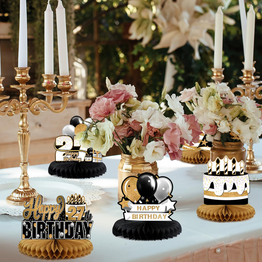 LINGTEER 27th Birthday Gold Table Topper Centerpieces – 8-Piece Honeycomb Star Balloons, 27 Years Old Sign