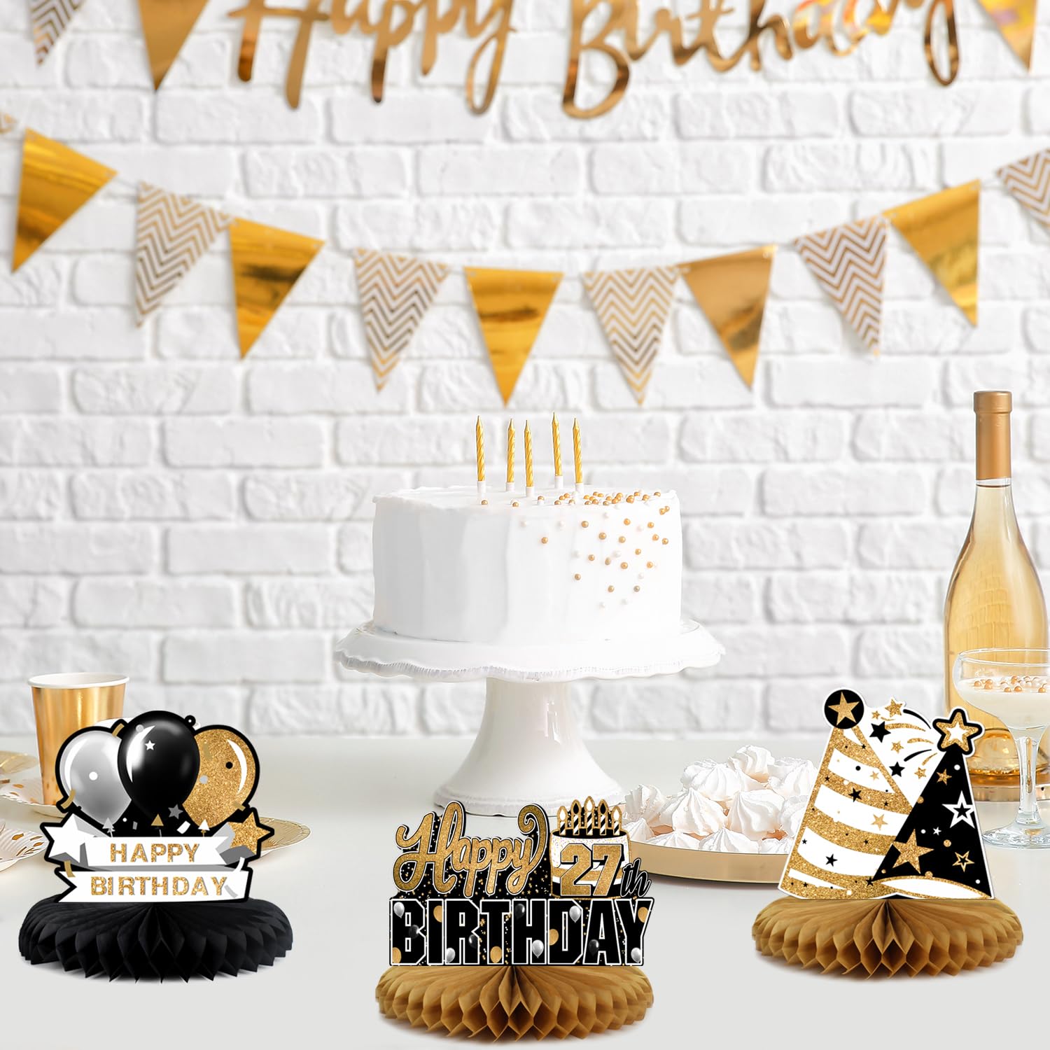 LINGTEER 27th Birthday Gold Table Topper Centerpieces – 8-Piece Honeycomb Star Balloons, 27 Years Old Sign
