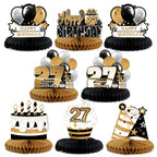 LINGTEER 27th Birthday Gold Table Topper Centerpieces – 8-Piece Honeycomb Star Balloons, 27 Years Old Sign