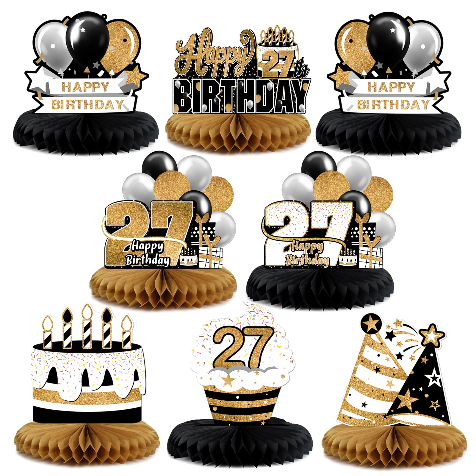 LINGTEER 27th Birthday Gold Table Topper Centerpieces – 8-Piece Honeycomb Star Balloons, 27 Years Old Sign