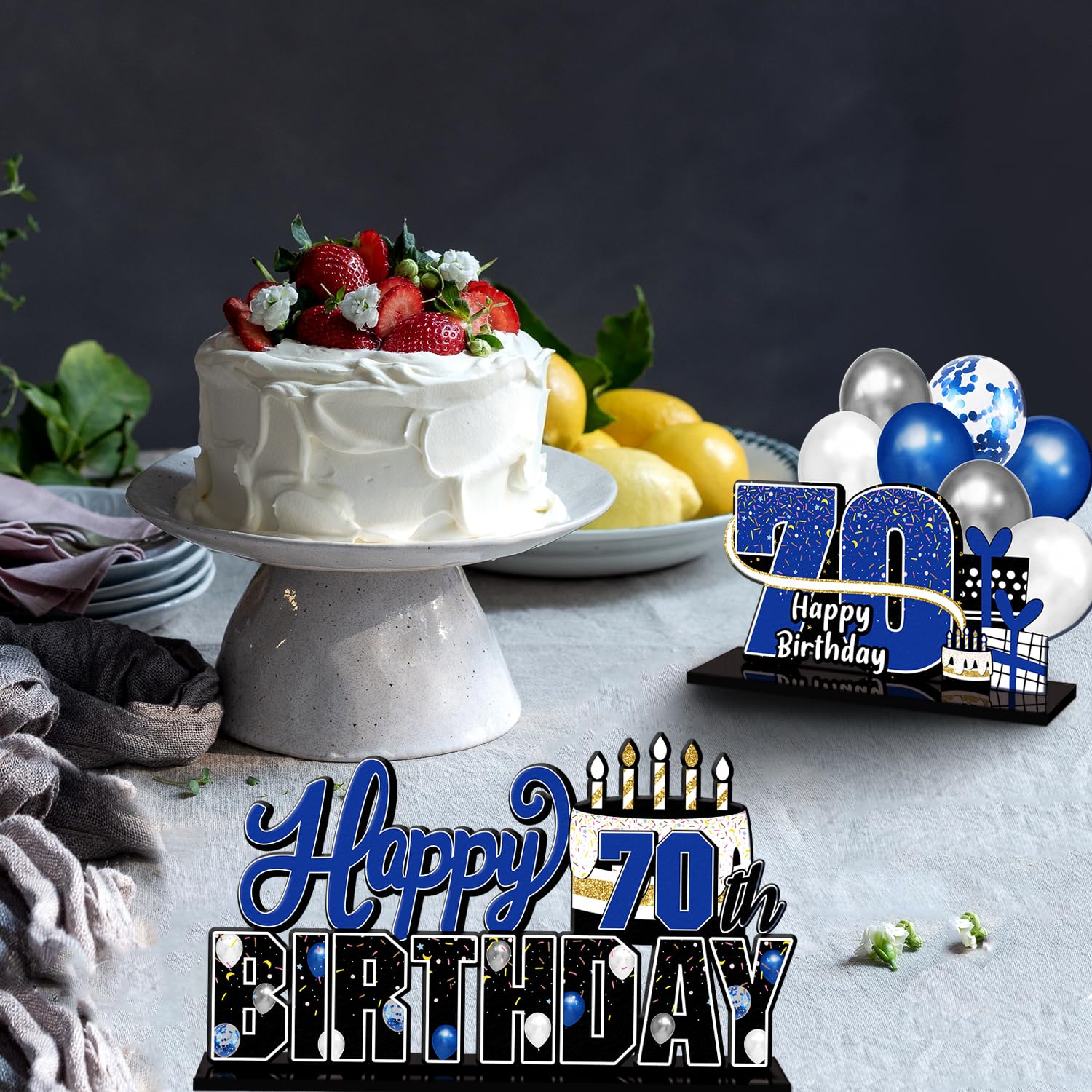 LINGTEER Happy 70th Birthday Blue Acrylic Table Topper Set – 3-Piece 70th Birthday Party Decor