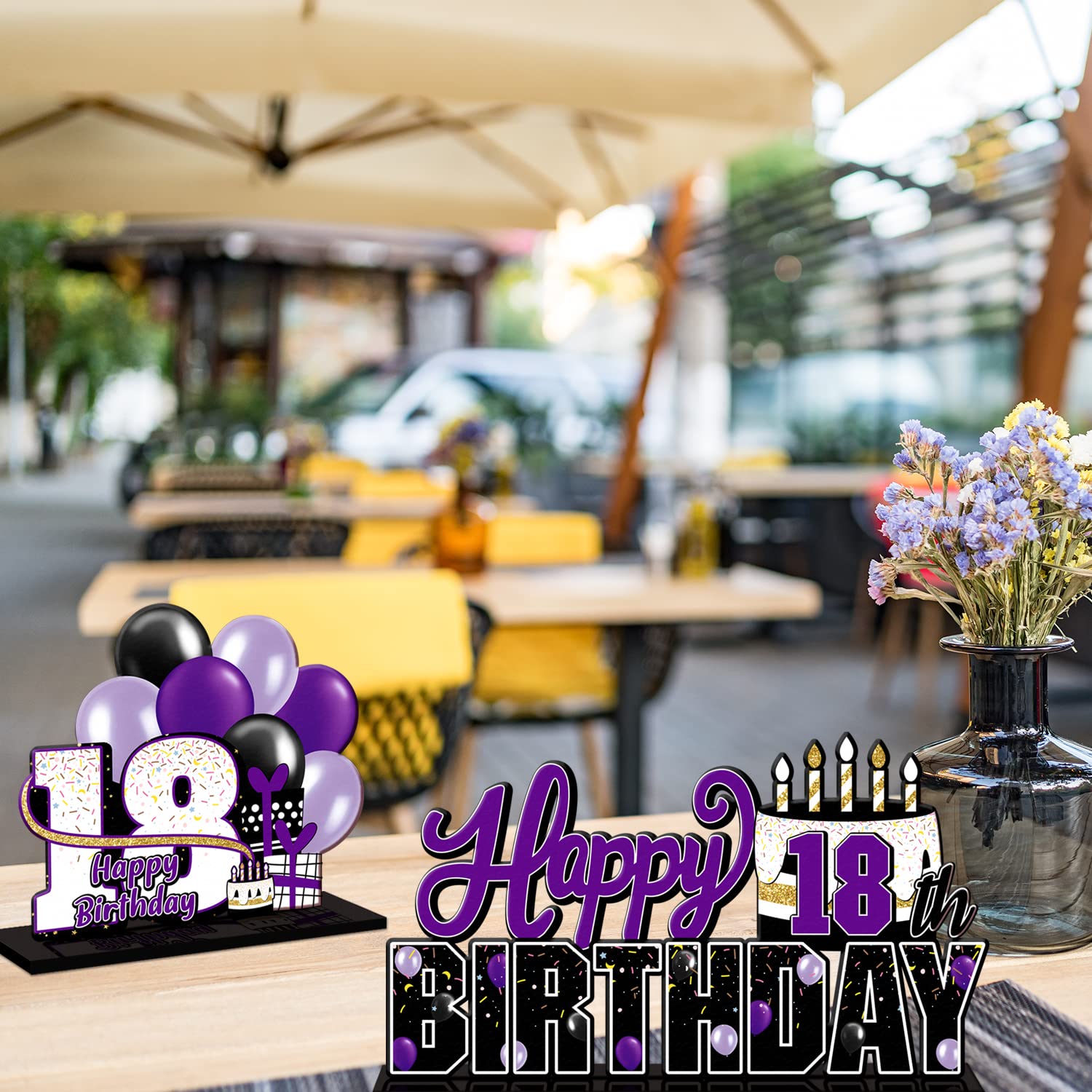LINGTEER Happy 18th Birthday Purple Acrylic Table Topper Set - 3-Piece Party Decorations
