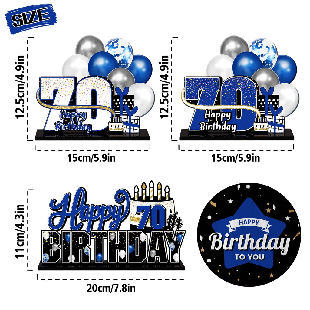 LINGTEER Happy 70th Birthday Blue Acrylic Table Topper Set – 3-Piece 70th Birthday Party Decor