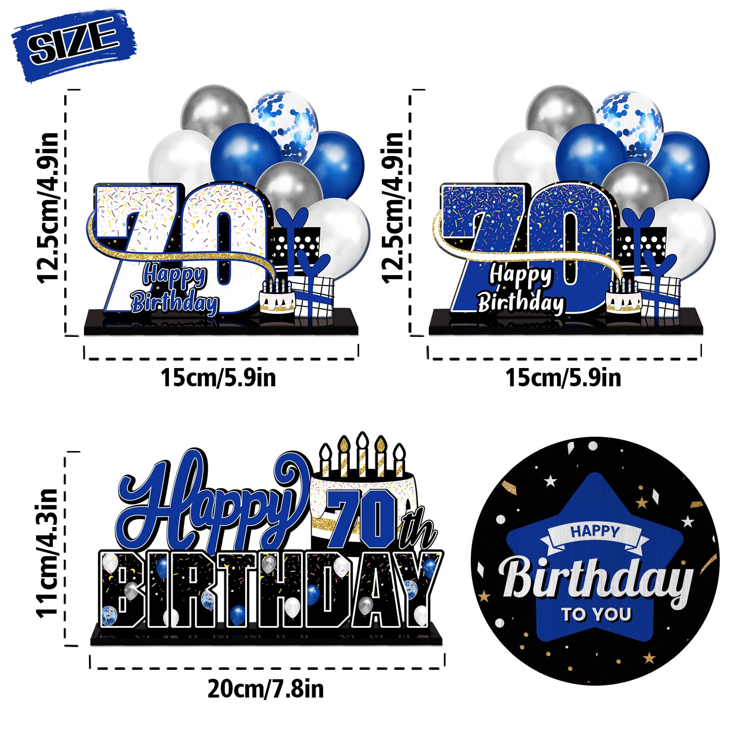 LINGTEER Happy 70th Birthday Blue Acrylic Table Topper Set – 3-Piece 70th Birthday Party Decor