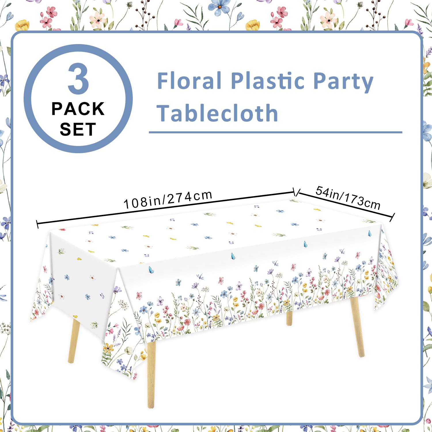 LINHAXM 3 Pack Spring Floral Tablecloths – 54 by 108 inches | Wildflower Butterflies