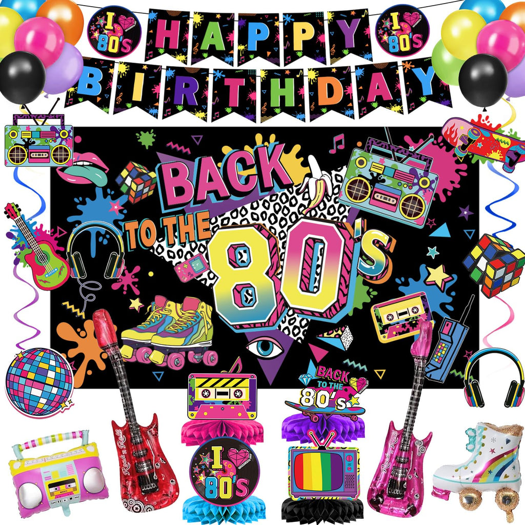 LINHAXM 80s Party Decorations – Backdrop, Banner, Balloons & Centerpieces for 80s/90s Parties