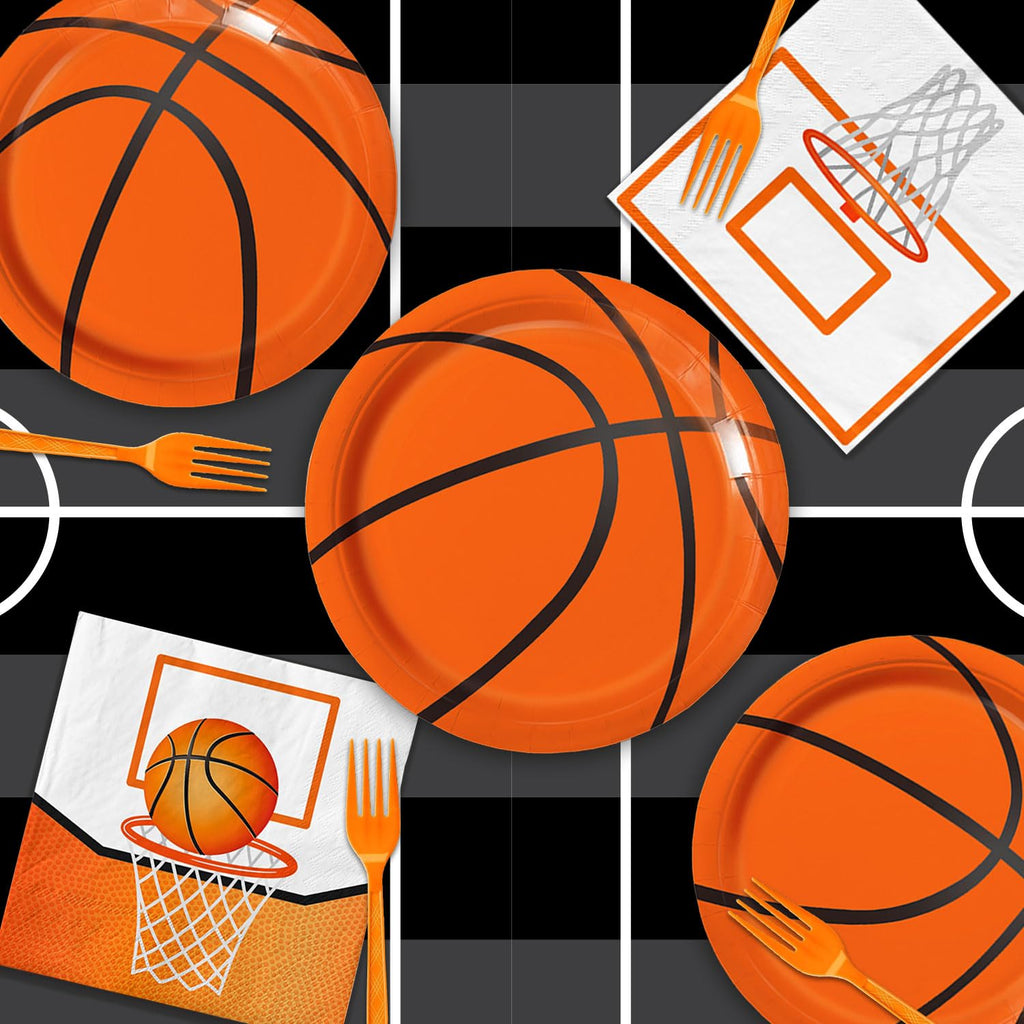 LINHAXM 96 PCS Basketball Party Decorations – Plates, Napkins & Forks for 24 Guests