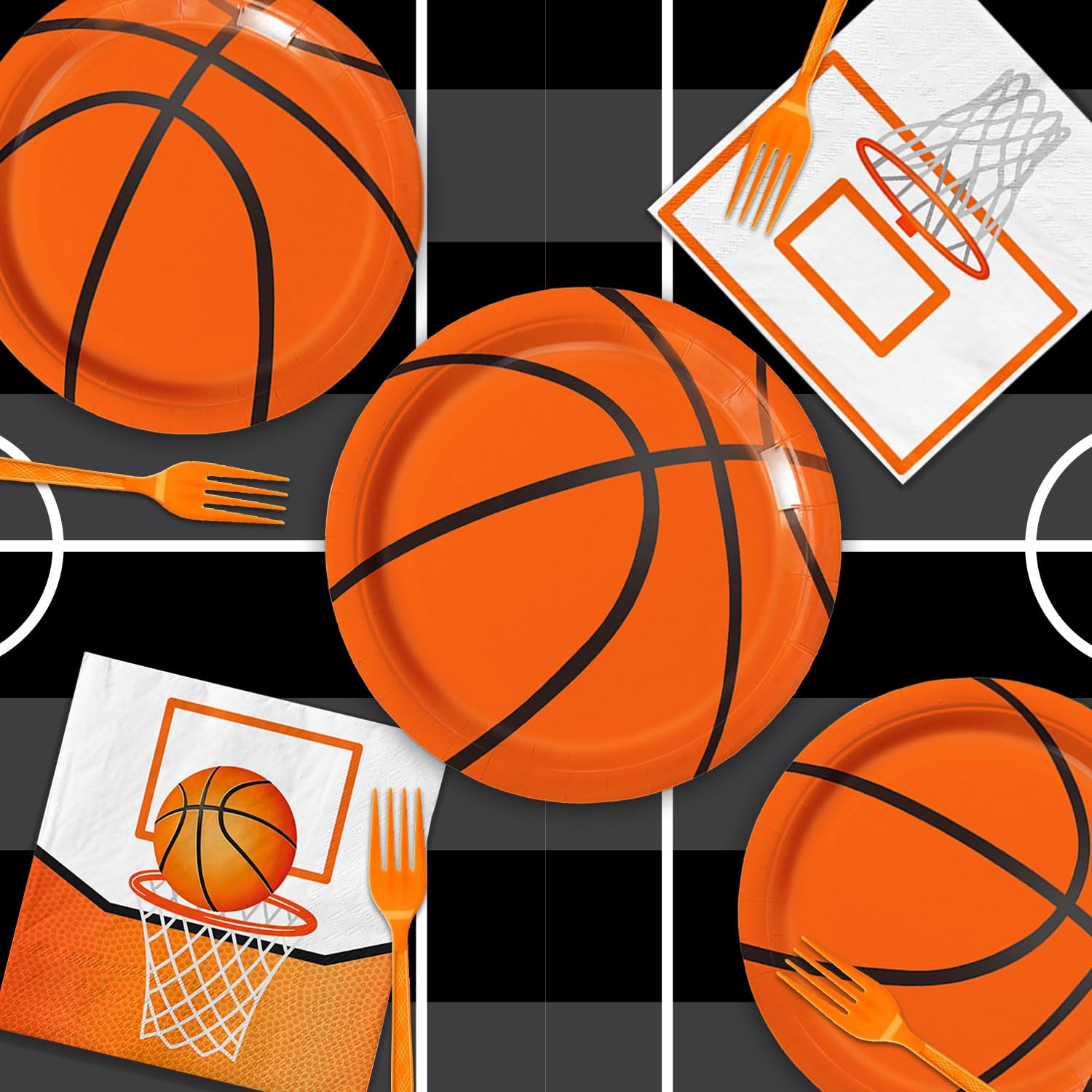 LINHAXM 96 PCS Basketball Party Decorations – Plates, Napkins & Forks for 24 Guests