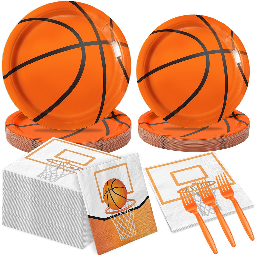 LINHAXM 96 PCS Basketball Party Decorations – Plates, Napkins & Forks for 24 Guests
