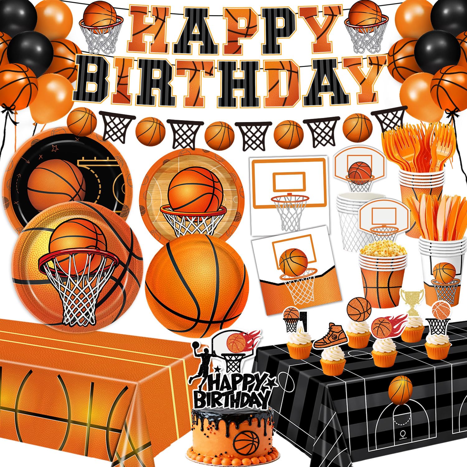 LINHAXM 202 Pcs Basketball Party Decorations – Plates, Cups, Napkins, Banner, Balloons (Serves 24)