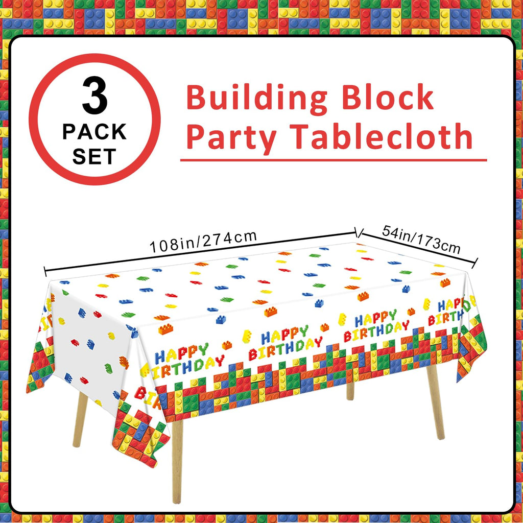 LINHAXM 3-Pack Building Block Tablecloth - Disposable Plastic Table Cover 54x108 in