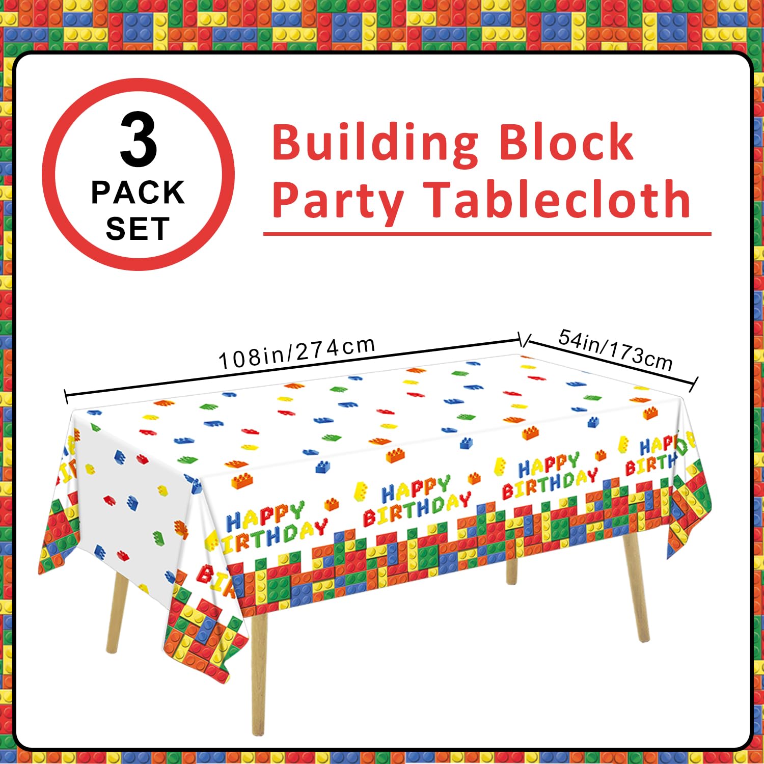 LINHAXM 3-Pack Building Block Tablecloth - Disposable Plastic Table Cover 54x108 in