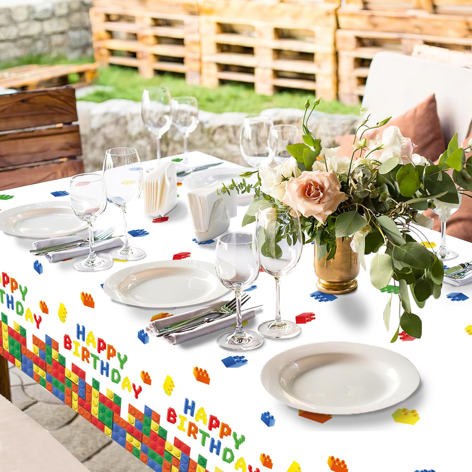 LINHAXM 3-Pack Building Block Tablecloth - Disposable Plastic Table Cover 54x108 in