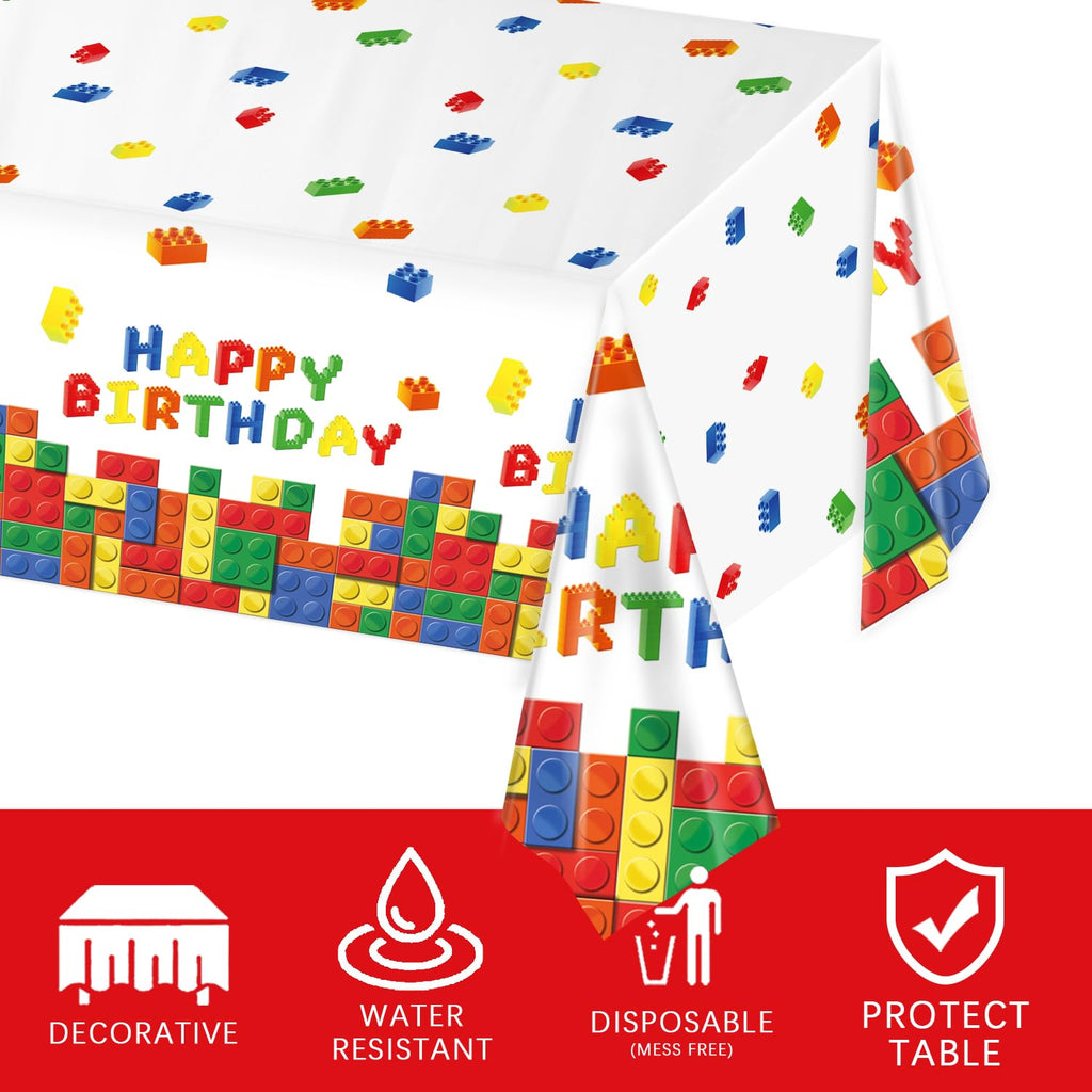 LINHAXM 3-Pack Building Block Tablecloth - Disposable Plastic Table Cover 54x108 in