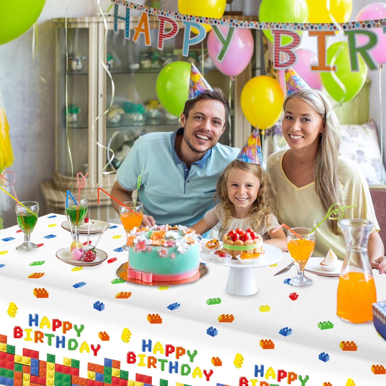 LINHAXM 3-Pack Building Block Tablecloth - Disposable Plastic Table Cover 54x108 in