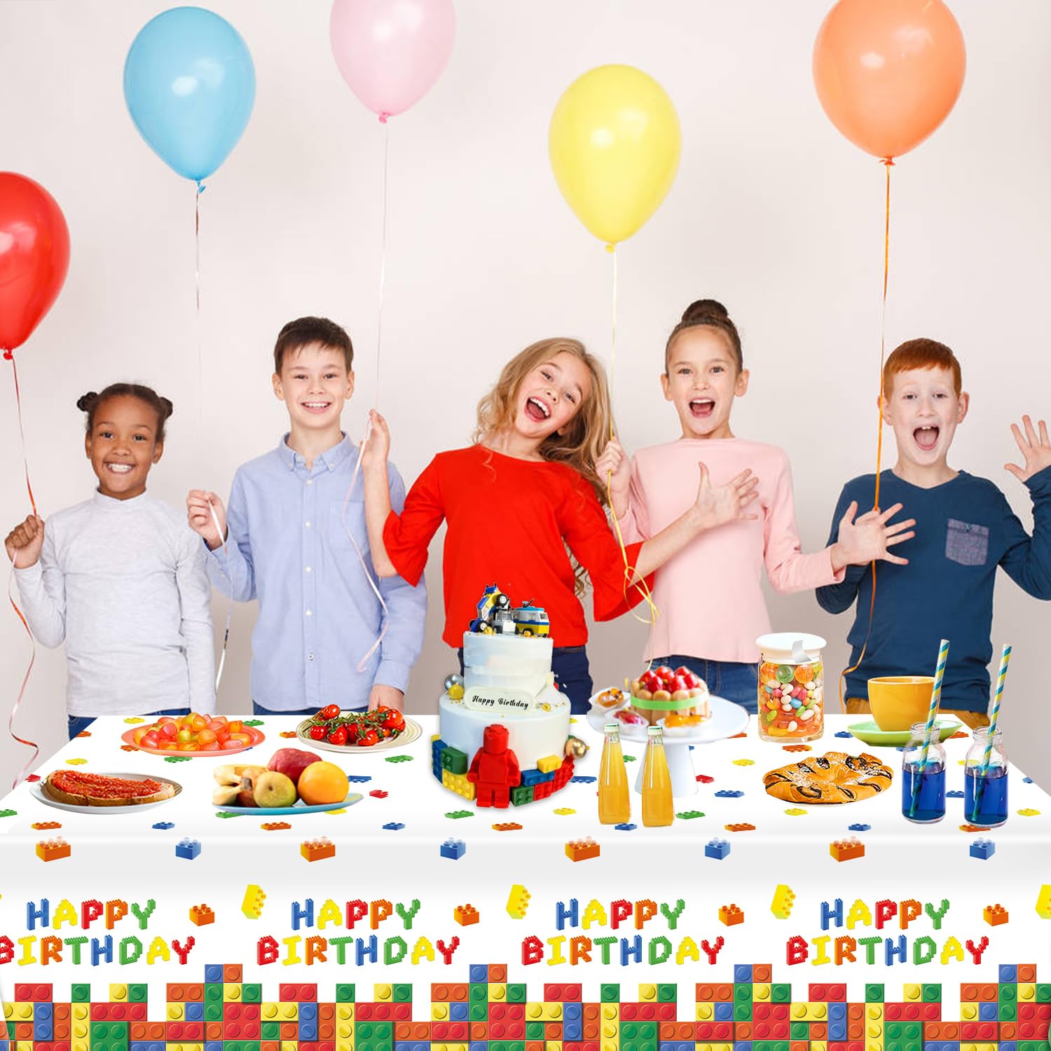 LINHAXM 3-Pack Building Block Tablecloth - Disposable Plastic Table Cover 54x108 in