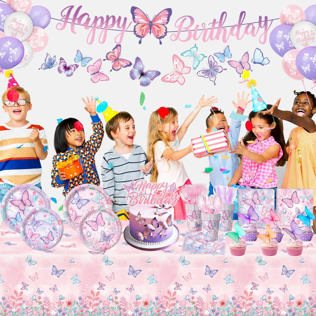 LINHAXM Butterfly Birthday Decorations for Girls – Plates, Napkins, Cups & More (Serves 20)