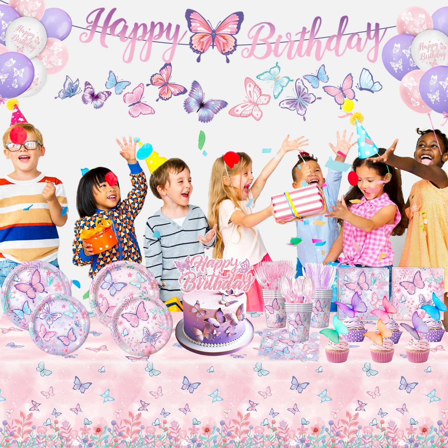 LINHAXM Butterfly Birthday Decorations for Girls – Plates, Napkins, Cups & More (Serves 20)