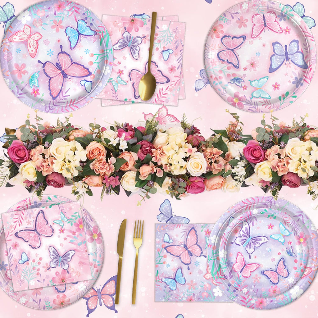 LINHAXM Butterfly Birthday Decorations for Girls – Plates, Napkins, Cups & More (Serves 20)
