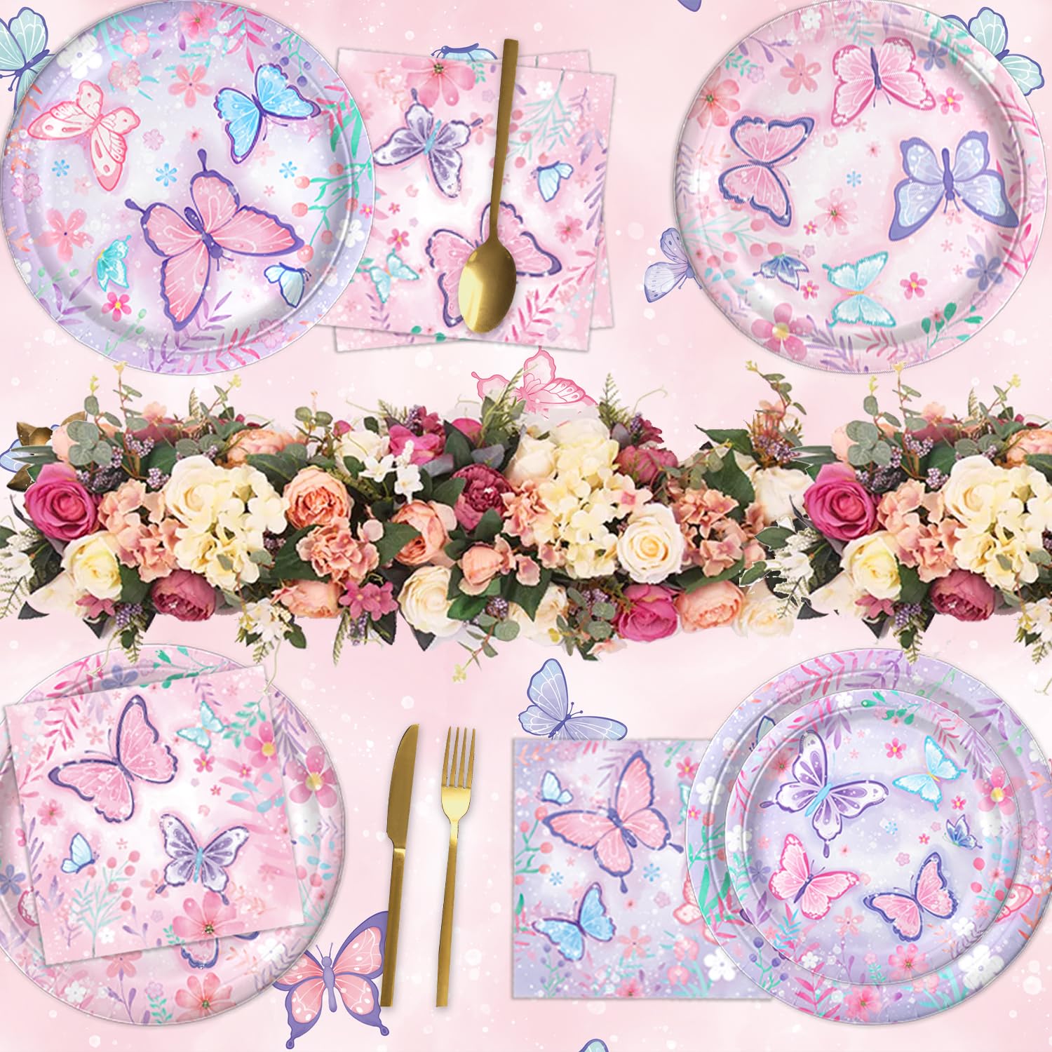 LINHAXM Butterfly Birthday Decorations for Girls – Plates, Napkins, Cups & More (Serves 20)