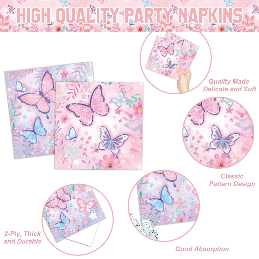LINHAXM Butterfly Birthday Decorations for Girls – Plates, Napkins, Cups & More (Serves 20)