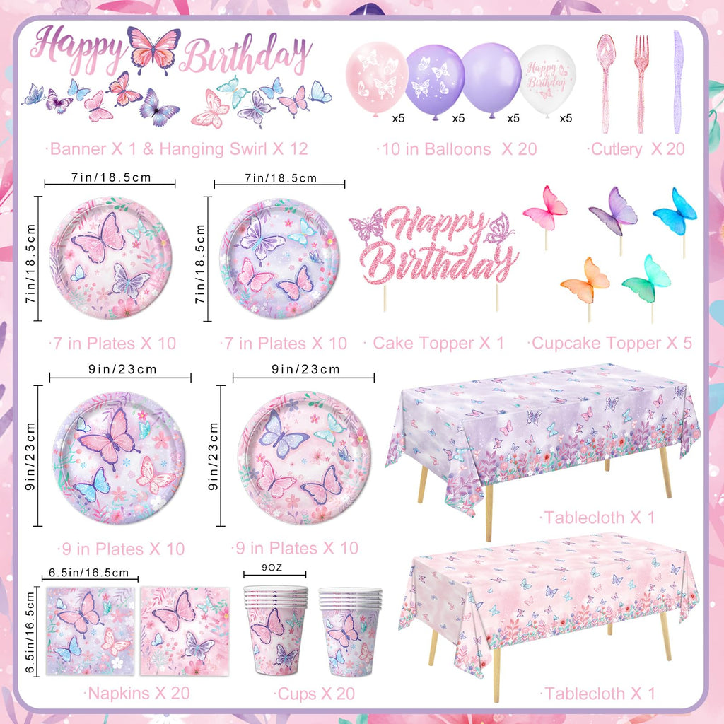 LINHAXM Butterfly Birthday Decorations for Girls – Plates, Napkins, Cups & More (Serves 20)