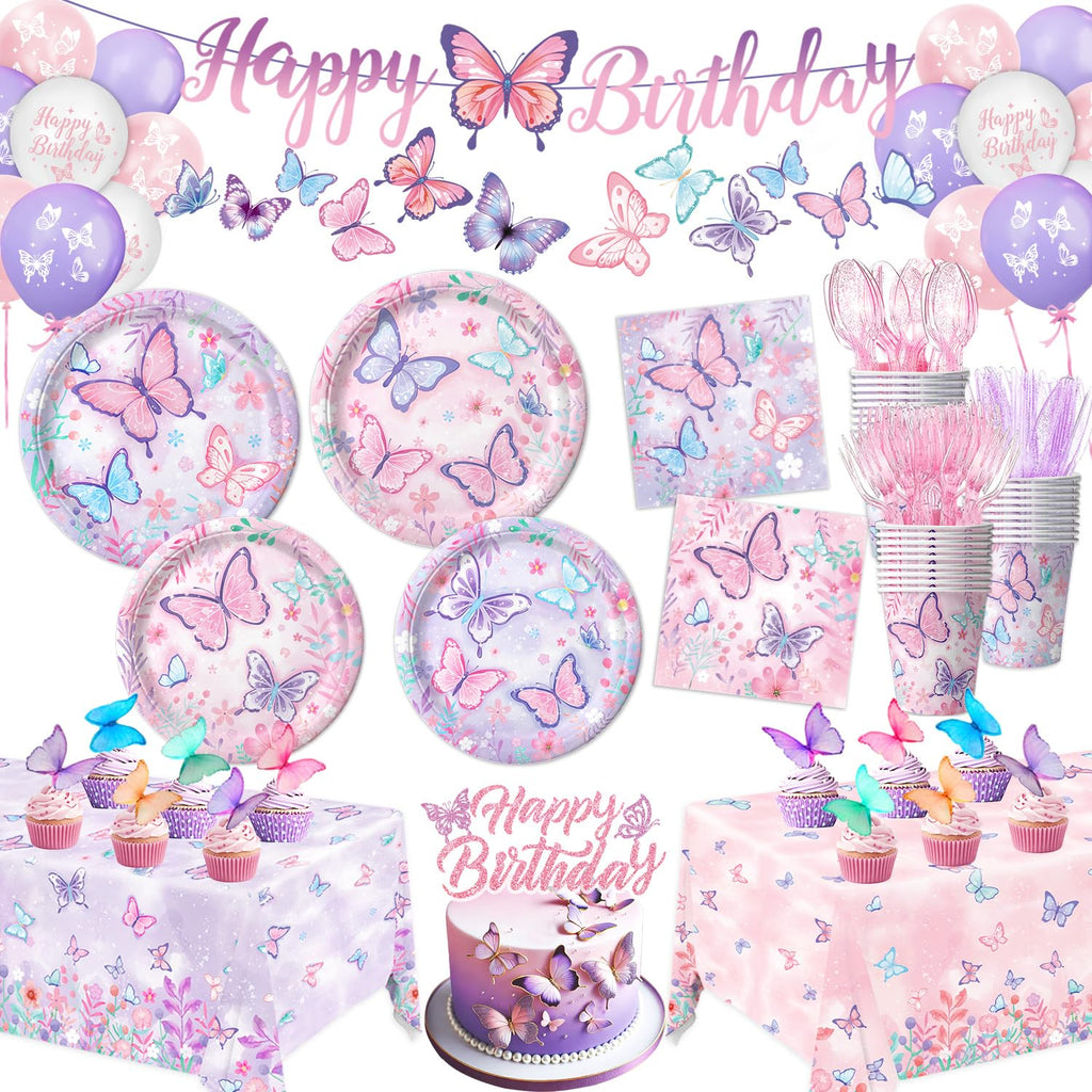 LINHAXM Butterfly Birthday Decorations for Girls – Plates, Napkins, Cups & More (Serves 20)